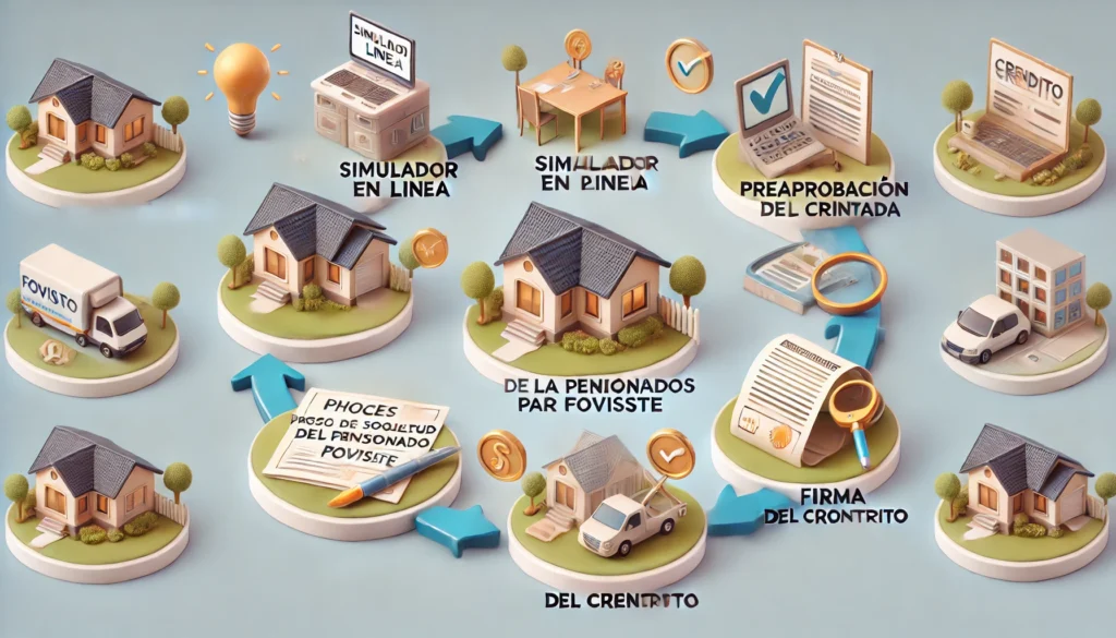 A hyper-realistic and didactic image for 'Proceso de Solicitud del Crédito para Pensionados FOVISSSTE'. The image should depict a step-by-step guide with phases like 'Simulador en línea', 'Preaprobación del crédito', 'Elección de la vivienda', 'Firma del contrato', and 'Liberación del crédito'. Icons representing houses, documents, and approval stamps should surround each step to make the process visually clear and understandable. The style should be clean, modern, and easy to follow.